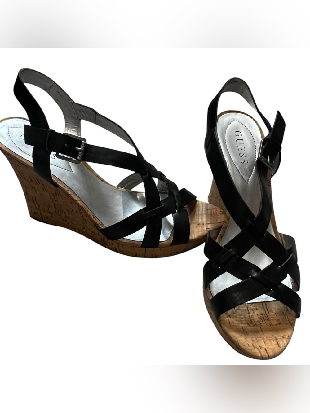 GUESS Black Leather Cork Wedge Sandals - Strappy Slingback 10 EUC